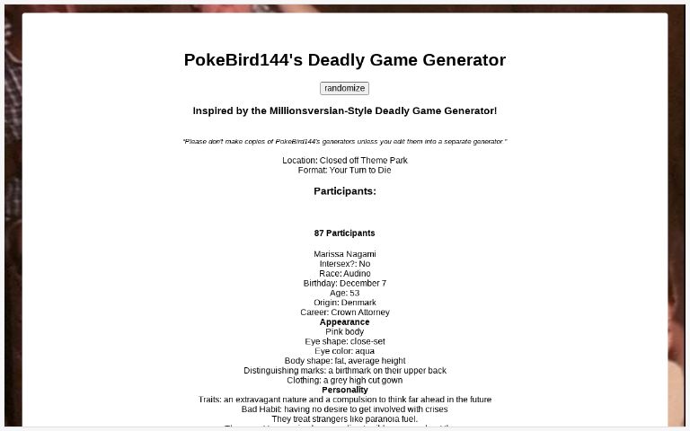 Pokebird144 Deadlygame ― Perchance Generator