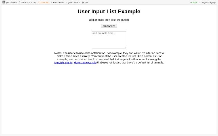 User Input List Example ― Perchance Generator
