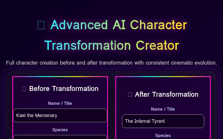 🧬 Advanced AI Character Transformation Creator ― Perchance Generator