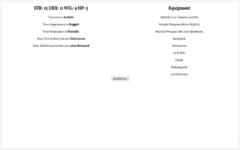 STR: 15 DEX: 10 WIL: 4 HP: 3 ― Perchance Generator