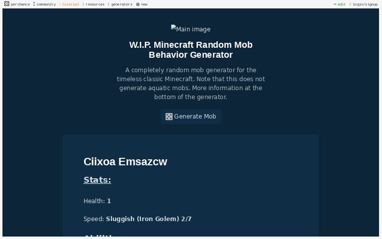 W I P Minecraft Random Mob Behavior Generator Perchance