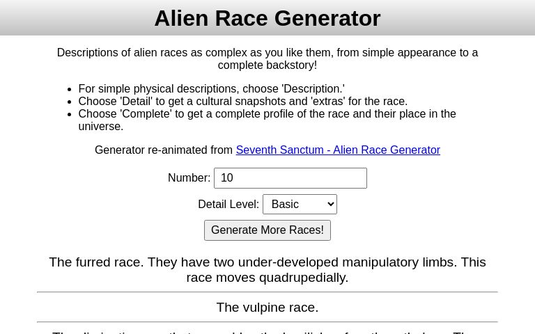 Alien Race Generator - Re-animated from Seventh Sanctum
