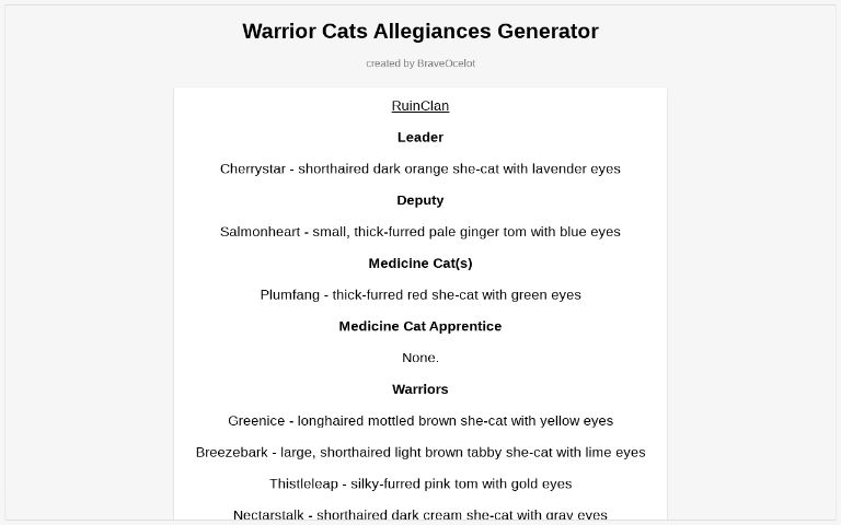Warrior Cats Allegiances Generator