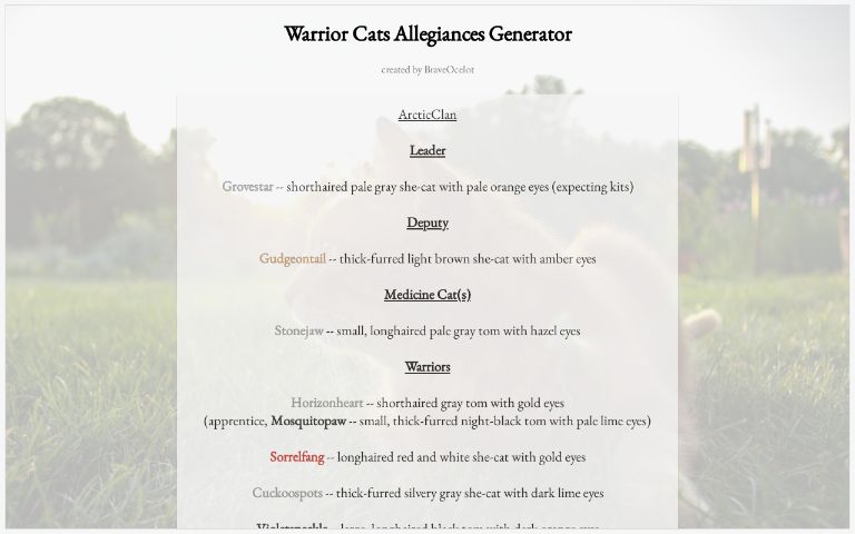 Warrior Cats Allegiances Generator