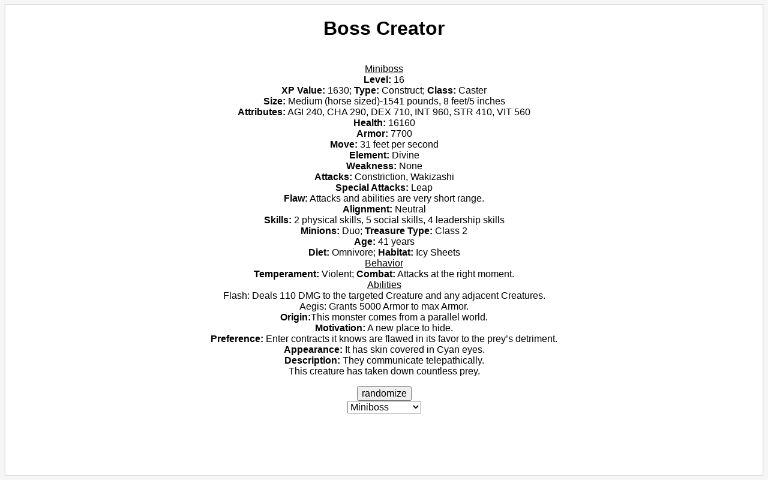 Boss Creator ― Perchance Generator