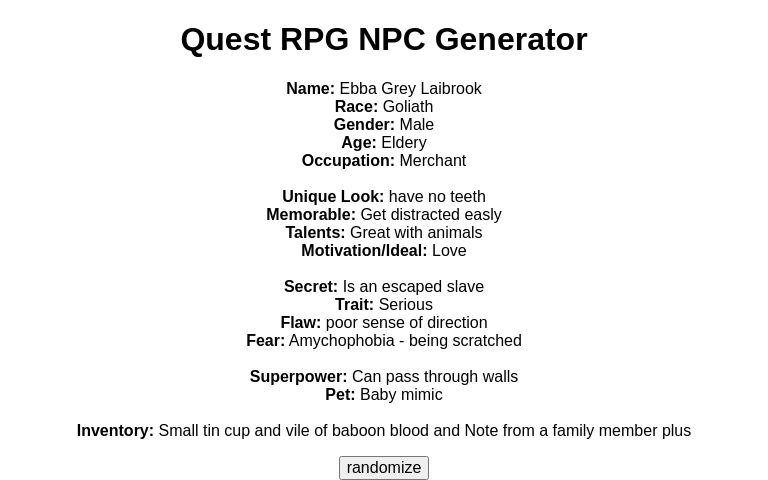 Quest RPG NPC Generator