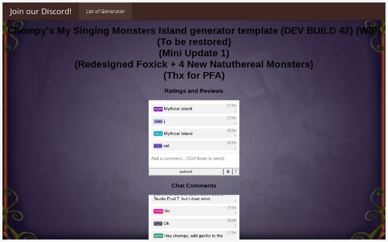 Chompy's My Singing Monsters Island generator template (DEV BUILD 42) (WIP)  (To be restored)(Mini Update 1)(Redesigned Foxick + 4 New Natuthereal  Monsters)(Thx for PFA)