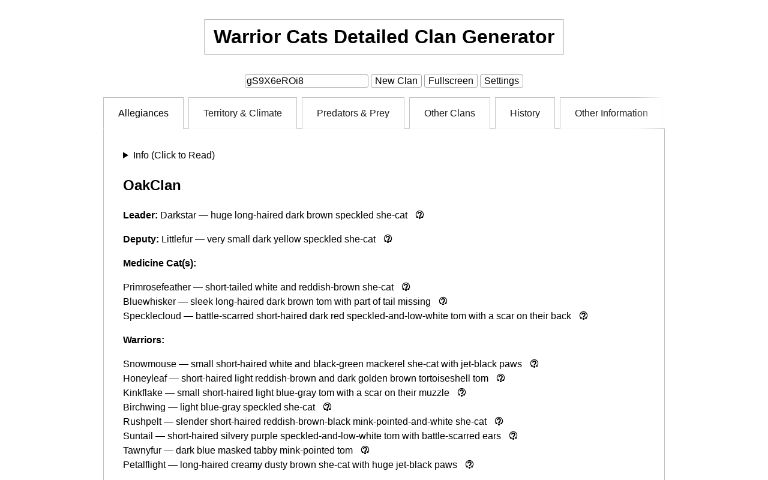 Warrior Cats Detailed Clan Generator