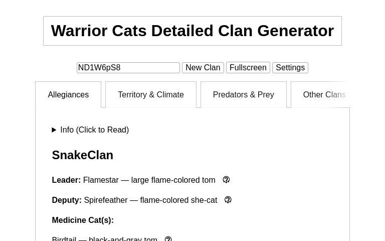 Warrior Cats Detailed Clan Generator
