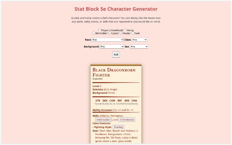 Stat Block 5e Character Generator