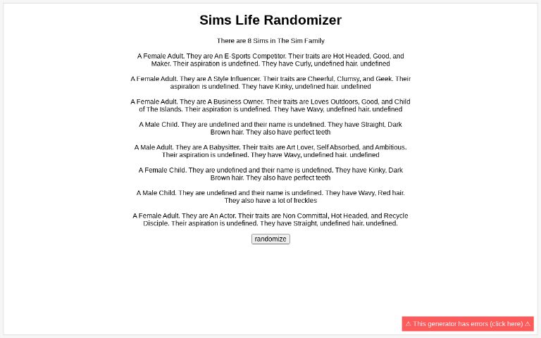 Sims Life Randomizer ― Perchance Generator