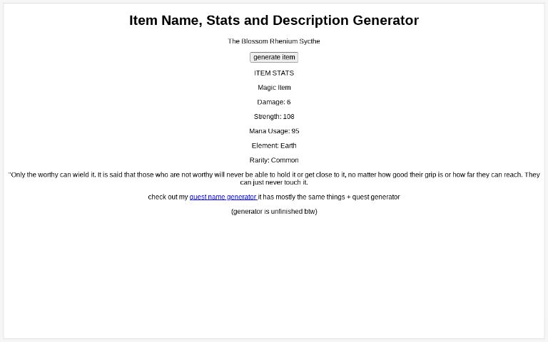 Item Name, Stats and Description Generator