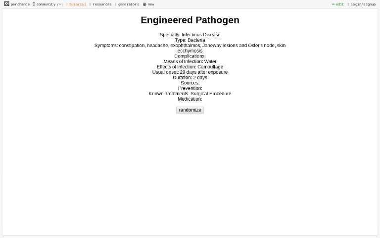 Engineered Pathogen ― Perchance Generator
