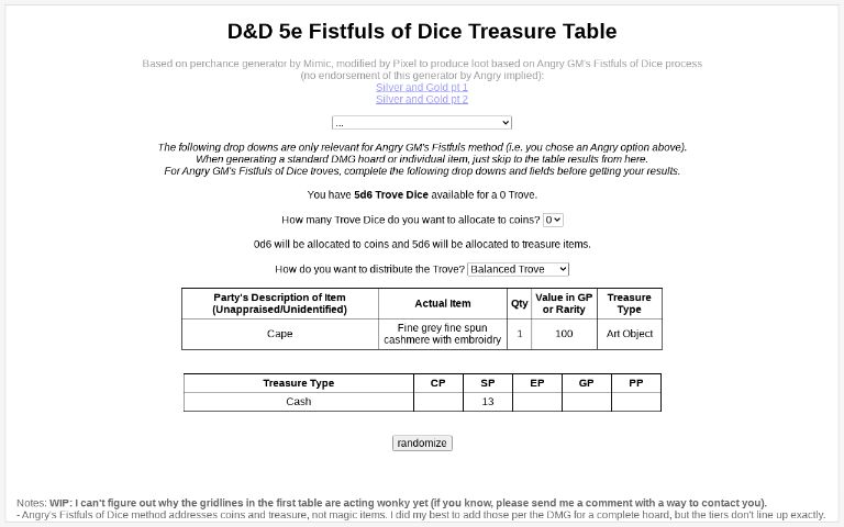 D&D 5e Fistfuls of Dice Treasure Table ― Perchance Generator
