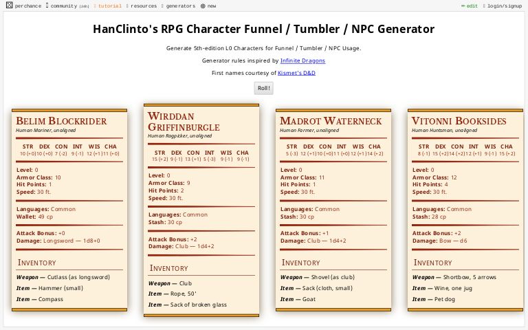 HanClinto's RPG Character Funnel / Tumbler / Generator ― Perchance