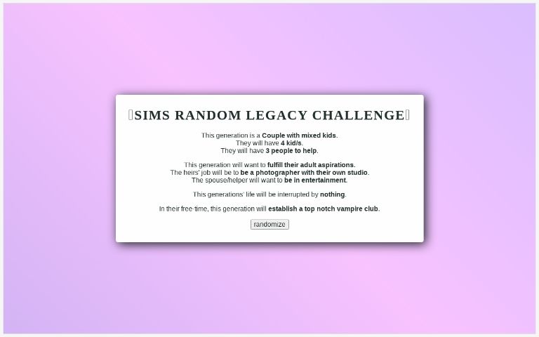 Sims Random Legacy Challenge ― Perchance Generator