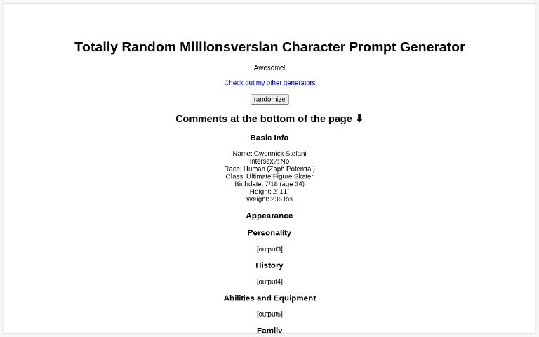Totally Random Millionsversian Character Prompt Generator ― Perchance