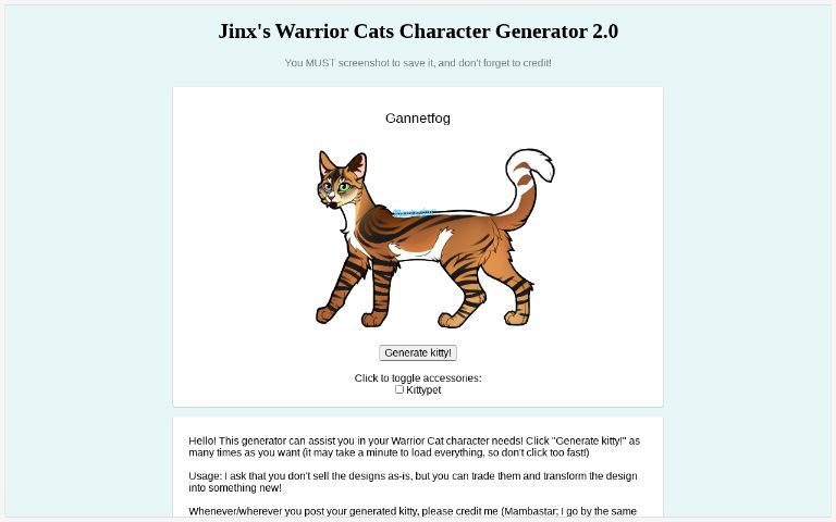 Jinx's Warrior Cats Character Generator 2.0