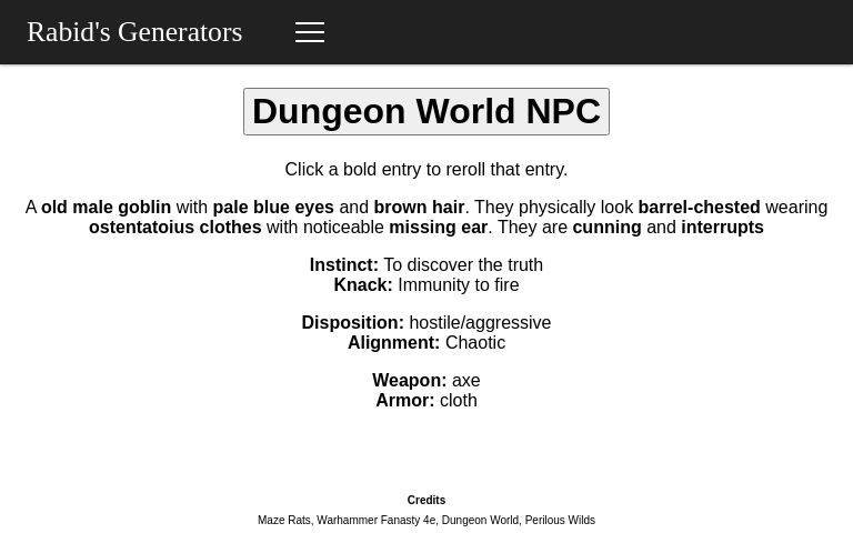 Dungeon World NPC ― Perchance Generator