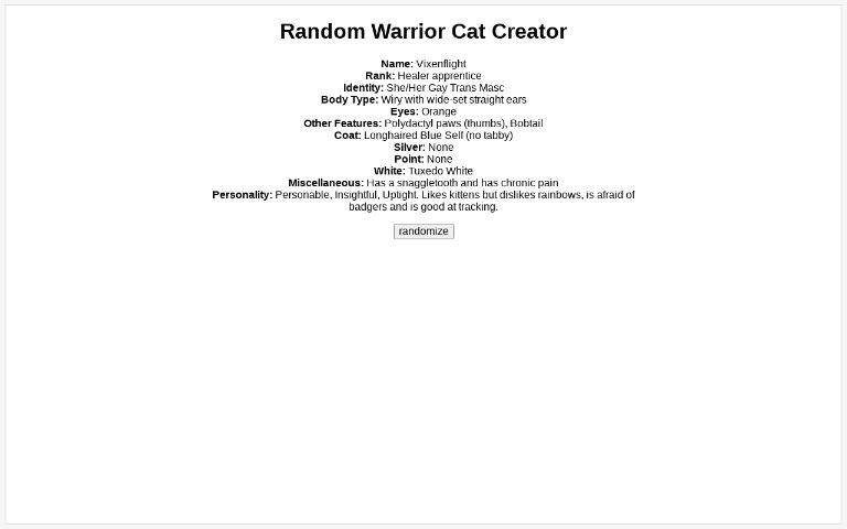 Random Warrior Cat Creator ― Perchance Generator