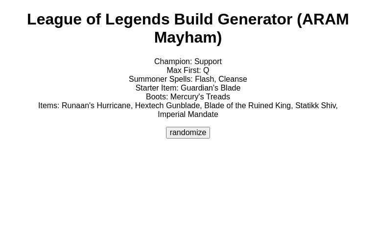 League of Legends Build Generator (ARAM Mayham)