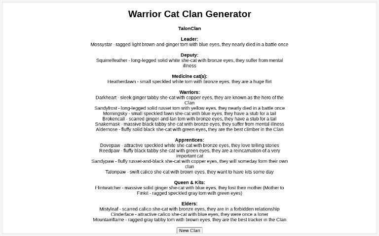 Warrior Cat Clan Generator