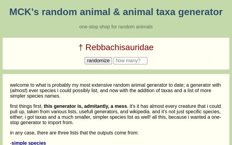 MCK's random animal & animal taxa generator