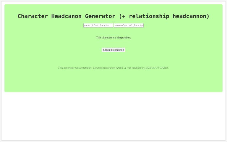 Character Headcanon Generator (+ relationship headcannon)