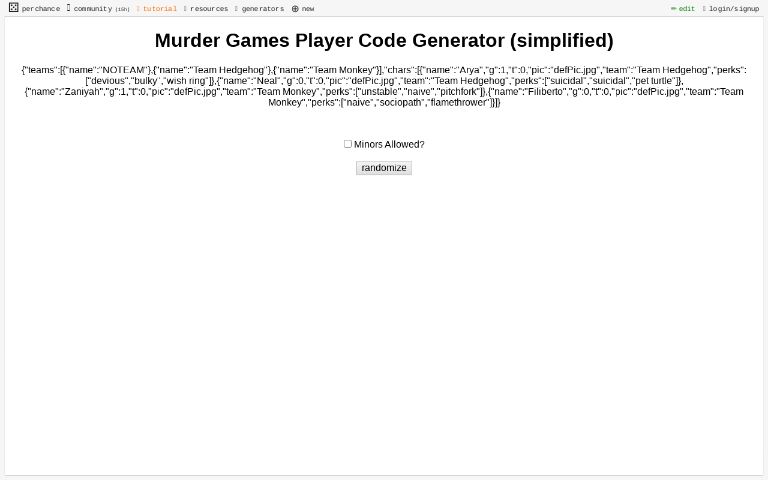 Murder Games Player Code Generator (simplified)