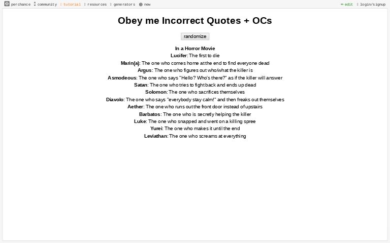 Obey me Incorrect Quotes + OCs ― Perchance Generator