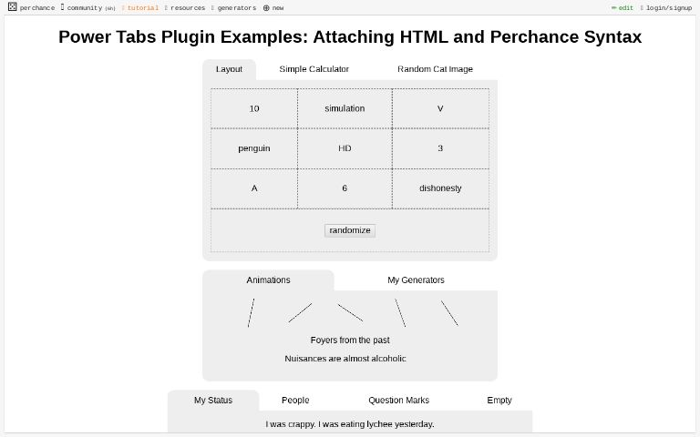 Power Tabs Plugin Examples: Attaching HTML and Perchance Syntax