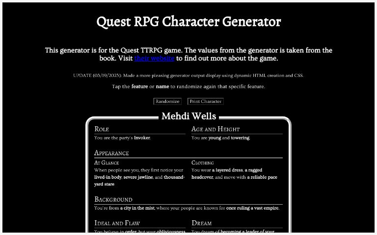 Quest RPG Character Generator