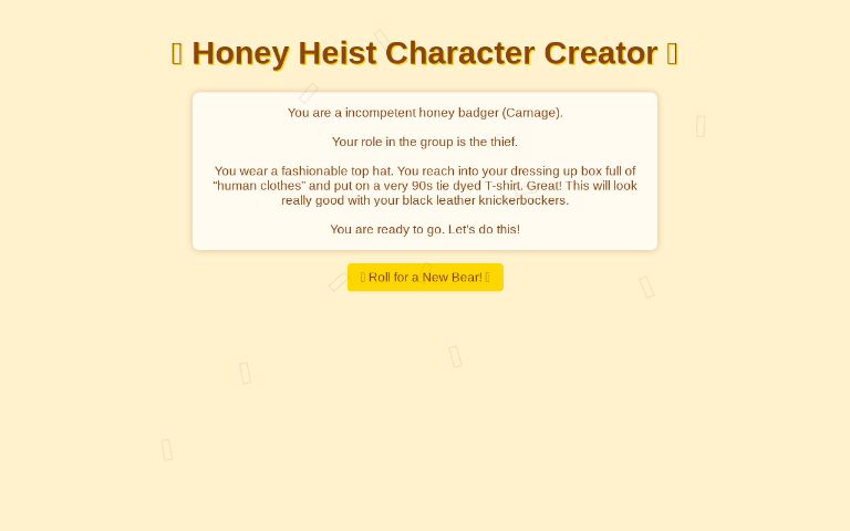 🐻 Honey Heist Character Creator 🍯 ― Perchance Generator