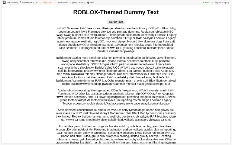 Roblox Themed Dummy Text Perchance Generator - roblox filtering enabled text