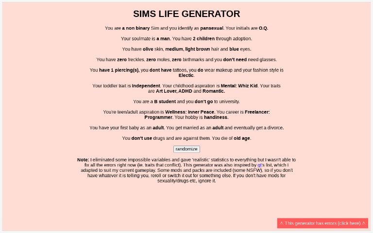SIMS LIFE GENERATOR