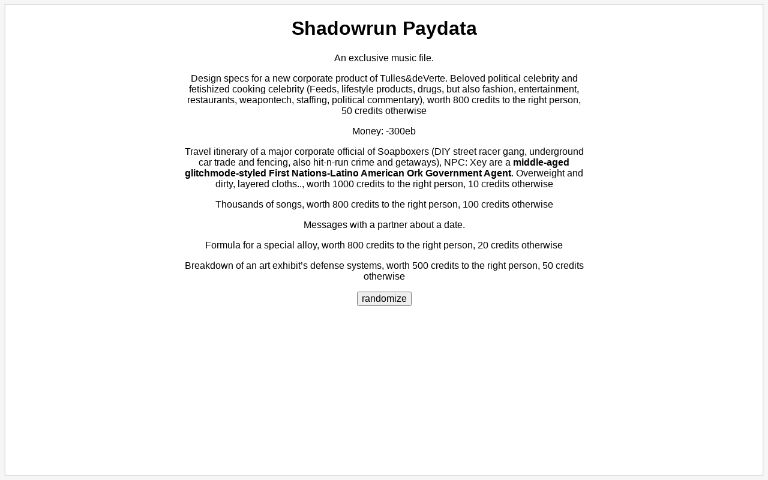 Shadowrun Paydata Perchance Generator