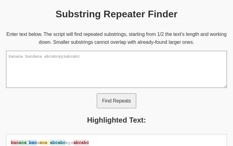 Substring Repeater Finder ― Perchance Generator