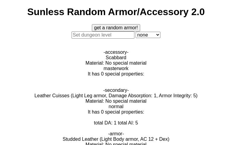 Sunless Random Armor/Accessory 2.0 ― Perchance Generator