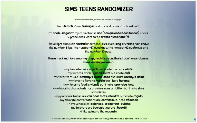 SIMS TEENS RANDOMIZER ― Perchance Generator