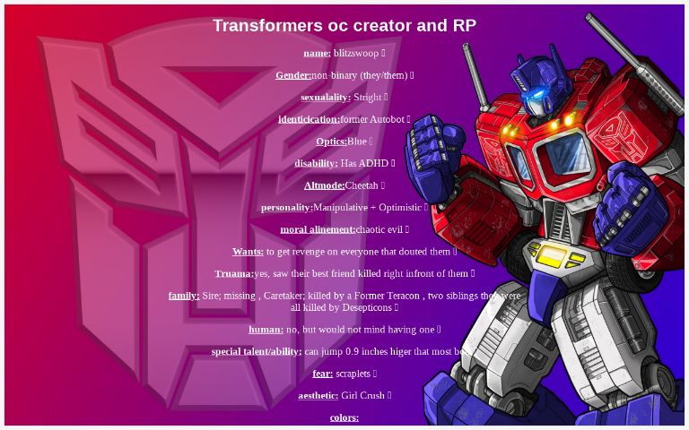 Transformers oc creator and RP ― Perchance Generator