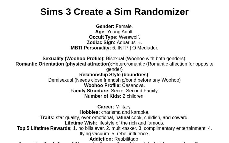 Sims 3 Create a Sim Randomizer ― Perchance Generator