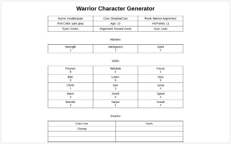 Warrior Character Generator