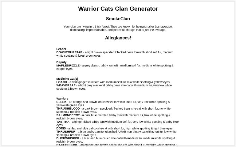 Warrior Cats Clan Generator