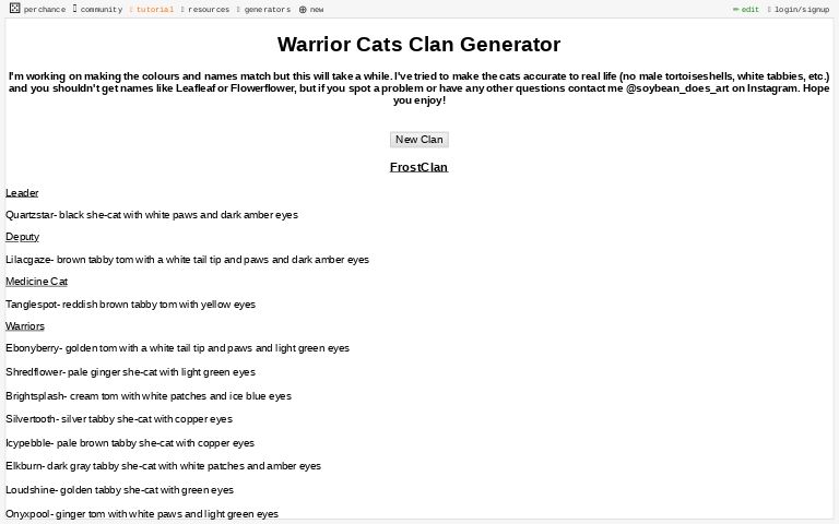 Warrior Cats Clan Generator Perchance