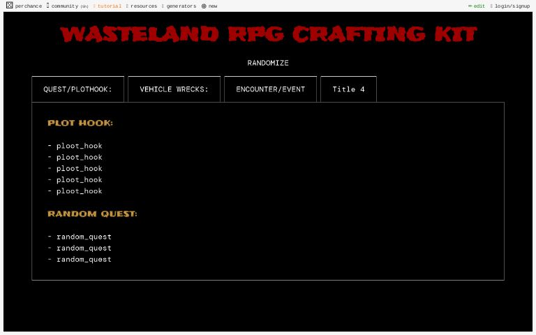 WASTELAND RPG CRAFTING KIT ― Perchance Generator