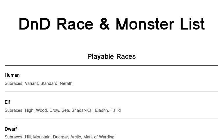 DnD Race & Monster List ― Perchance Generator