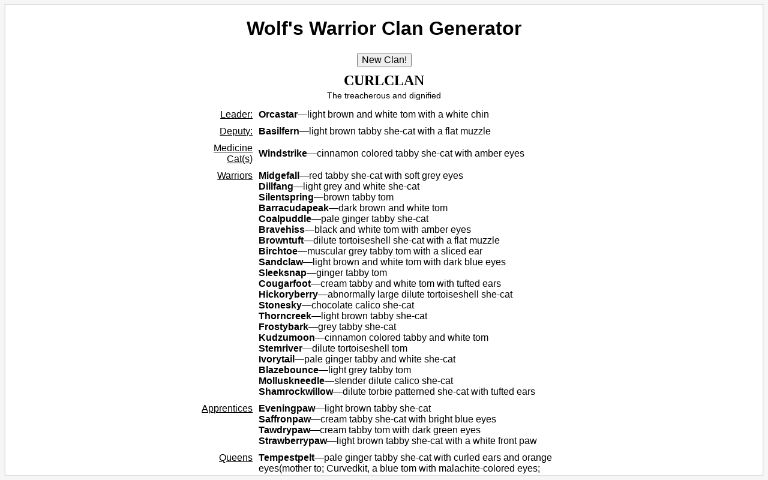 Wolf S Warrior Cat Clan Generator