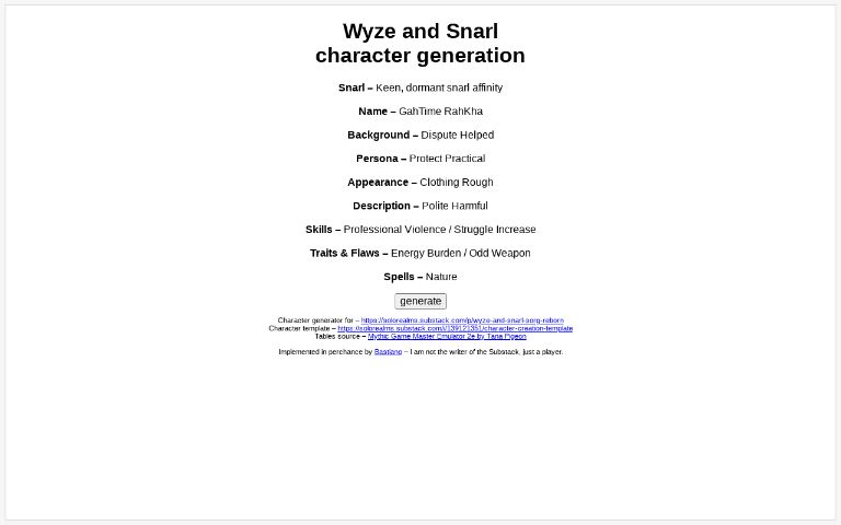 Wyze and Snarl character generation